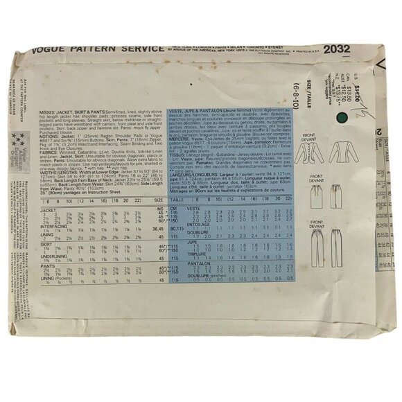 Vogue 2032 Geoffrey Beene Misses Jacket Skirt Pants Sewing Pattern Sizes 6-10 - Picture 2 of 3